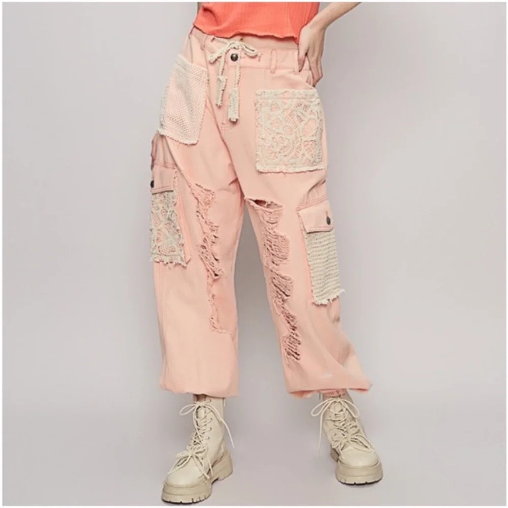 NWT! POL Pink Vintage Wash Lace Distressed Denim Jean Joggers Pants - Picture 3 of 5